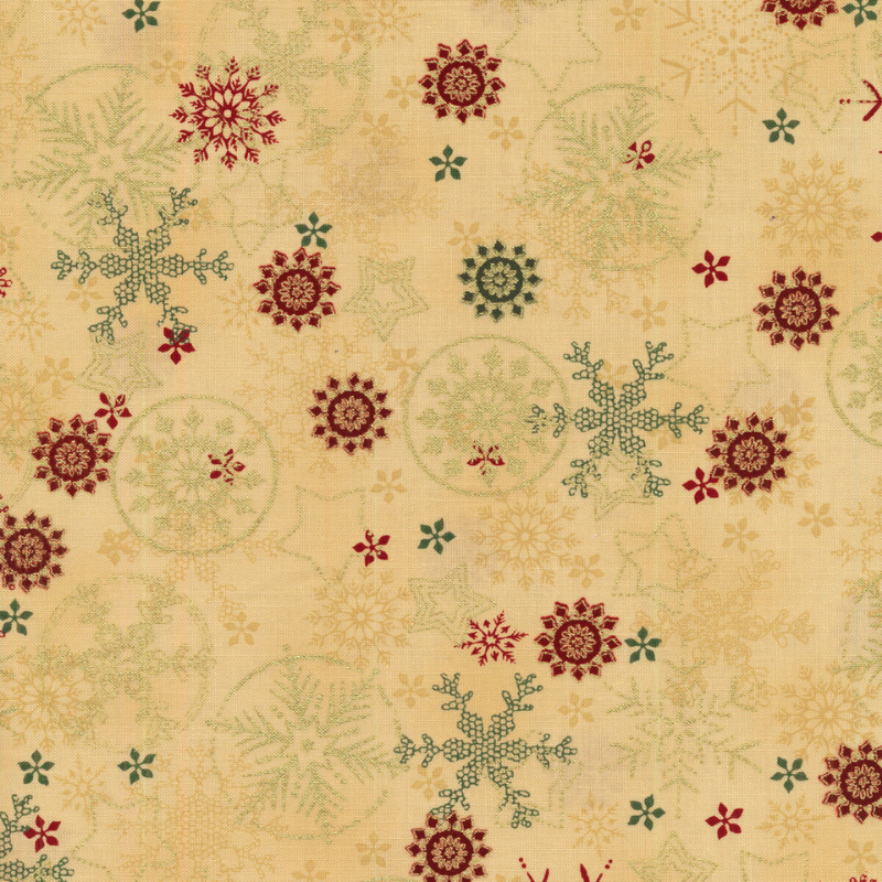 0T Stof Frosty snowflakes multi rouge vert doré fond beige 4590-200
